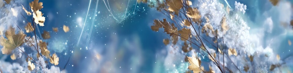 Fototapete - Abstract blue background with golden leaves and light effects creating a magical atmosphere scene