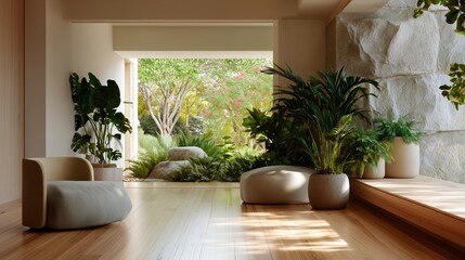 Poster - Modern interior design featuring a serene garden view with lush greenery and natural light in a tranquil setting