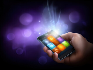 Poster - Hand holding smartphone with glowing touchscreen in dark environment at night