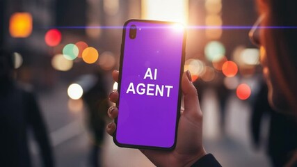 Poster - A person holds a smartphone displaying ai agent against a blurred city backdrop, representing the integration of artificial intelligence into daily life