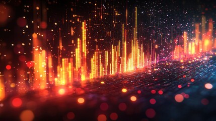 Fototapete - Abstract digital city with glowing lines and particles