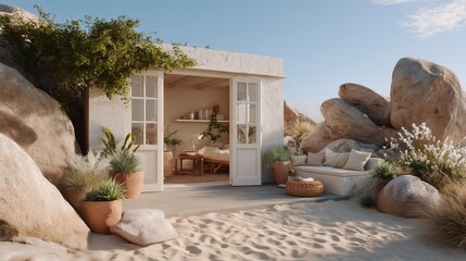 Poster - Cozy desert retreat with natural decor at sunset near large rocks and sandy surroundings