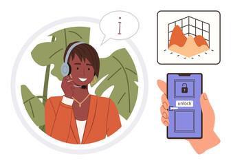 Poster - Smiling support agent engaging through headset mobile unlocking screen and data chart nearby. Ideal for customer service, tech support, communication, problem-solving, tech solutions, remote