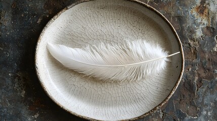 Poster - A delicate white feather is centered on a minimalist ceramic plate creating a serene and contemplative composition