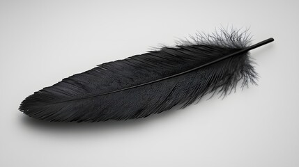 Poster - A single elegant black feather placed diagonally on a clean minimalist white background creating a striking high contrast composition with a serene contemplative mood