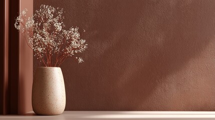 Poster - Elegant vase with dried flowers against a warm-toned wall in a minimalist interior setting