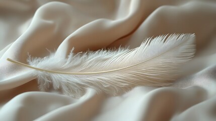 Poster - A single pale grey feather gently laying on a light taupe colored fabric highlighting the feather s soft wispy texture in a minimalist serene composition