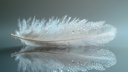 Poster - A delicate feather with glistening water droplets resting on a calm reflective surface creating a serene and minimalist composition