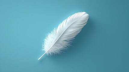 Poster - A flat of a soft wispy white feather floating against a calming pastel blue background showcasing a minimalist and elegant design