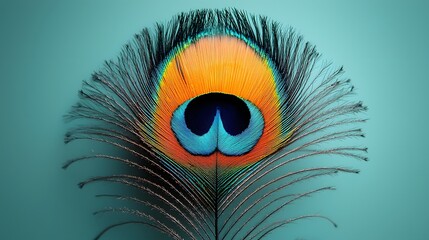 Poster - a simplified stylized representation of a peacock feather with its iconic eye like pattern centered 