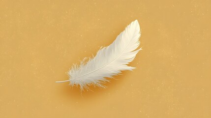 Poster - A simple minimalist of a delicate white feather gently floating and falling against a serene pale yellow background with soft curves and clean lines