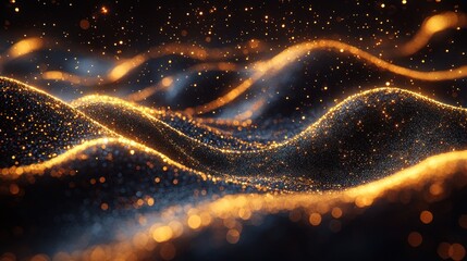 Fototapete - Abstract golden particles undulating over dark background