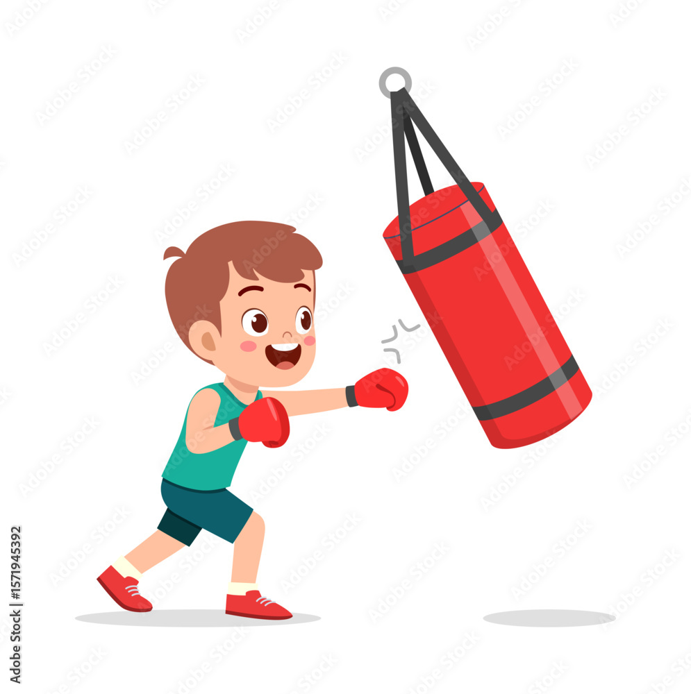 Boy practicing boxing with red punching bag in white background cartoon ...