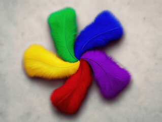 Poster - Colorful feathers arranged in a spiral pattern on a light background