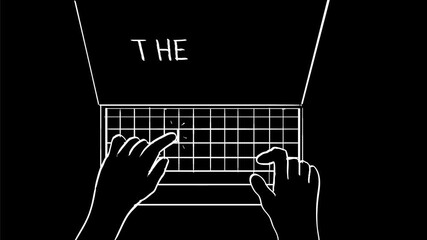 Aufkleber - 2d Animation cartoon character drawing of a hand typing “The End” on laptop computer keyboard high angle view on white, black and green screen in 4k ultra-high-definition.
