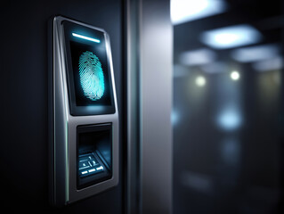 Poster - Fingerprint scanner on wall near elevator in modern office building