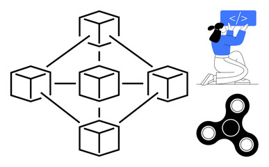 Poster - Networking cubes connected in a blockchain, person typing code, and a fidget spinner. Ideal for blockchain, coding, creativity, productivity, decentralized systems, innovation simple landing page