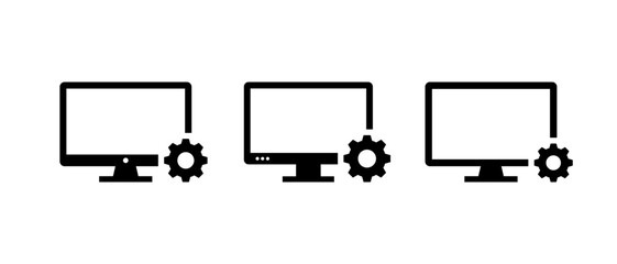 Poster - Desktop computer with settings gear. PC system control and technical setup illustration