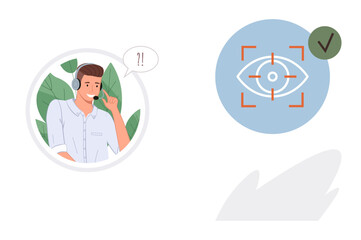 Poster - Customer service agent wearing a headset and leaf background, next to vision icon with checkmark. Ideal for communication, customer service, help desk, quality control, focus, support trust. Simple