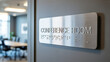 © Nayon - Braille conference room sign on office wall, ADA compliant stainless steel nameplate with tactile text, workplace accessibility and disability inclusion concept in modern corporate interior