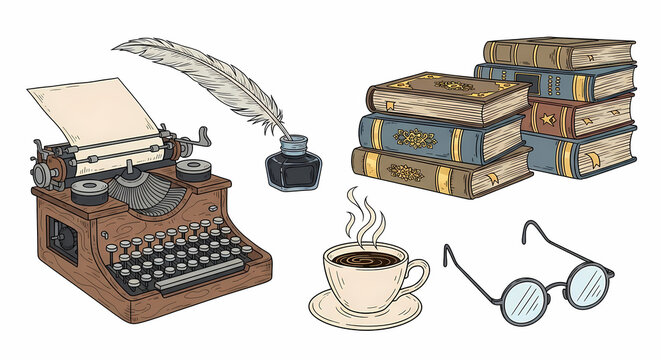 Set of charming hand drawn stationery and bookish doodles. Illustrations of vintage typewriters, quills, ink bottles, stacks of books, coffee cups and reading glasses. Whimsical vintage line art.