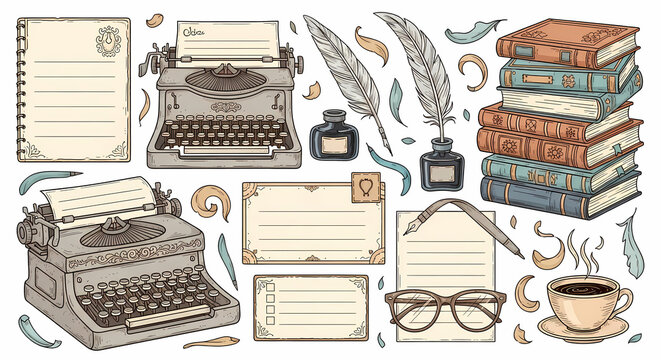 Set of charming hand drawn stationery and bookish doodles. Illustrations of vintage typewriters, quills, ink bottles, stacks of books, coffee cups and reading glasses. Whimsical vintage line art.