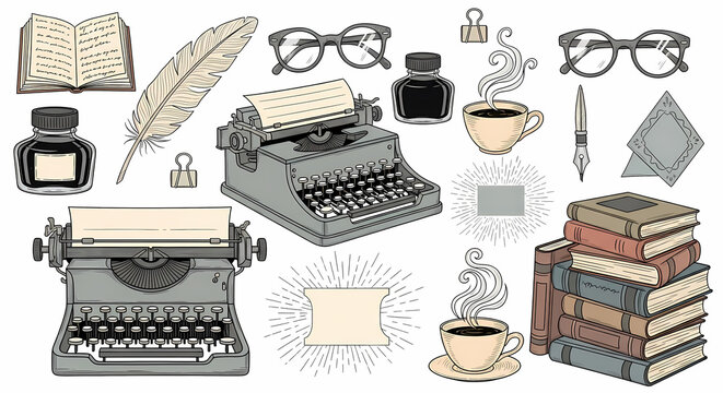Set of charming hand drawn stationery and bookish doodles. Illustrations of vintage typewriters, quills, ink bottles, stacks of books, coffee cups and reading glasses. Whimsical vintage line art.