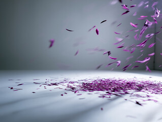 Poster - Purple petals scattered on a smooth surface creating a tranquil atmosphere indoors