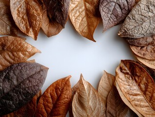 Wall Mural - A beautiful arrangement of brown and orange autumn leaves creates a natural frame on a white background.