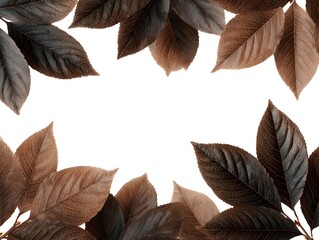 Wall Mural - Artistic arrangement of autumnal leaves in shades of brown create a frame on a clean white background.