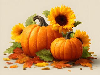 Wall Mural - Two vibrant orange pumpkins are displayed with sunflowers and autumn leaves for a festive fall arrangement.