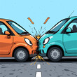 © Mucher - Cartoon Illustration of Two Small Cars Colliding Head-On