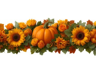 Wall Mural - Bright orange pumpkin is surrounded by sunflowers roses and colorful leaves on a pure white background.