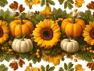 Wall Mural - Bright yellow sunflowers and orange pumpkins create festive autumnal decoration against white background scene.