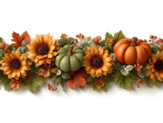Wall Mural - Bright sunflowers and assorted pumpkins create a festive fall harvest arrangement on a white background.