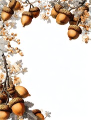 Wall Mural - Vintage botanical illustration of acorns on branches with leaves and berries against a white background.
