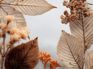Wall Mural - Artistic autumn leaves and dried flowers form a beautiful border on a simple, light neutral background.
