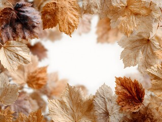 Wall Mural - Beautiful autumn leaves frame a bright white background, perfect for seasonal designs and celebrations.
