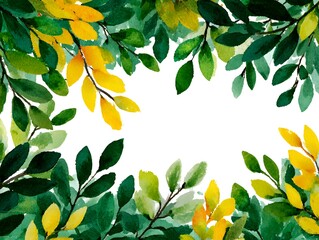 Wall Mural - Watercolor leaves create a vibrant frame with shades of green and yellow on a clean white background space