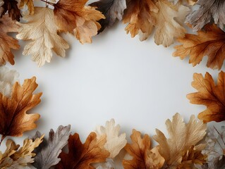 Wall Mural - Autumn leaves of gold, brown and beige colors frame a white background creating a seasonal decoration.