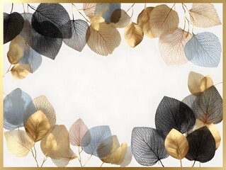Wall Mural - An elegant frame of golden and dark decorative leaves with delicate veins on a bright background shows beauty.