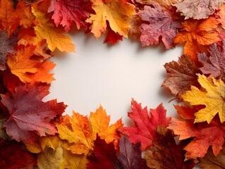 Wall Mural - Colorful fall leaves border a blank white surface, creating a warm and inviting autumnal background image.