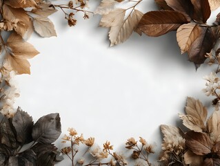 Wall Mural - Dried autumn leaves and small flowers create a frame with bright white space in the center for text area.