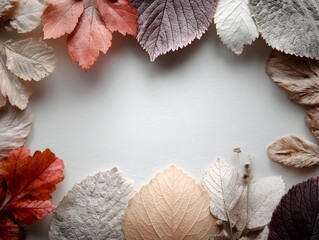 Wall Mural - A collection of colorful autumn leaves arranged in a border on a white background creates a seasonal frame.