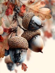 Wall Mural - Autumnal oak branch displays textured acorns and crisp leaves in a warm natural light filled setting.