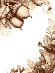 Wall Mural - Detailed acorn and oak leaf sketch in sepia tones creates a rustic and artistic border for fall designs.