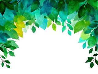 Wall Mural - Watercolor painting of vibrant green and blue leaves creating a natural border on a white background.