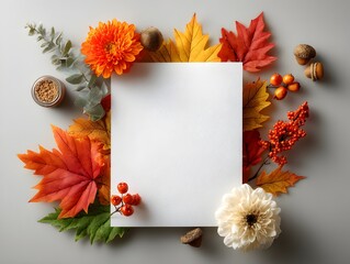 Wall Mural - Autumnal arrangement of flowers berries and colorful fall leaves surrounding a blank square paper space.