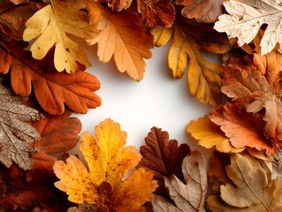 Wall Mural - Close up of colorful autumn leaves arranged in a circle creating a beautiful natural border on white surface.