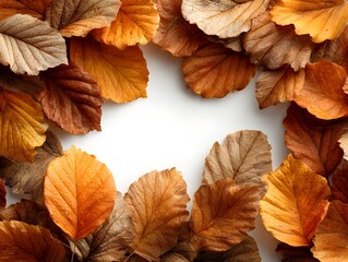 Wall Mural - Autumn leaves in warm brown and golden colors are arranged creating a beautiful frame on white background.